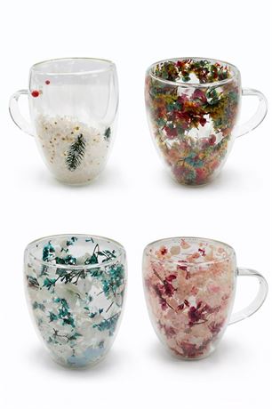 Flower Glass Mugs Double Wall 4pc/case Lot